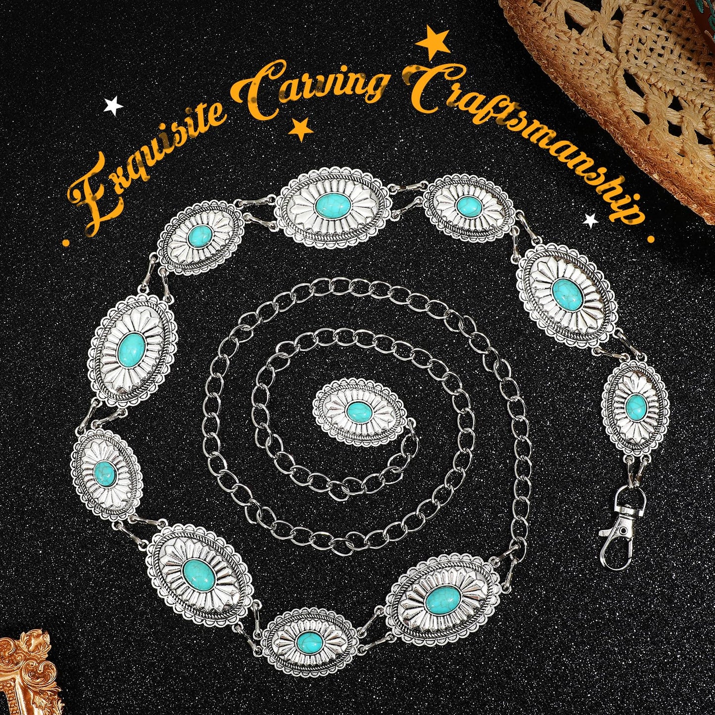 SANSTHS Western Metal Concho Belt for Women, Waist Chain Cowgirl Belt for Dresses Pants Jeans with Silver Chain, green gem S