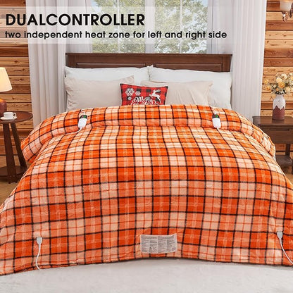 OCTROT Electric Heated Blanket King Size, 90X100 Orange Blanket with Dual Control&10 Heats Levels&Timer for Bed,Large Plaid Sherpa Heating Blankets Warmer Gifts for Women Grandma Halloween Home Decor