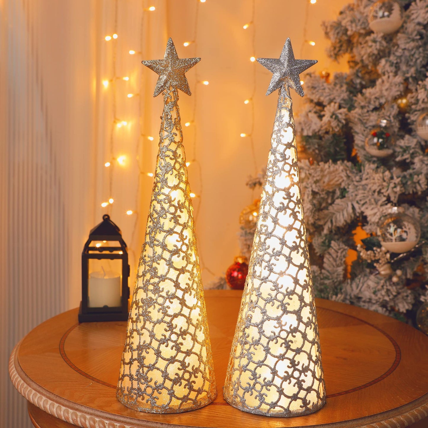 Juegoal Lighted Christmas Table Decorations with Star and 10 LED Lights Battery Operated, Indoor Xmas Thanksgiving Holiday Wedding Party Tabletop Desk Ornament, Set of 2 (Gold, Silver)