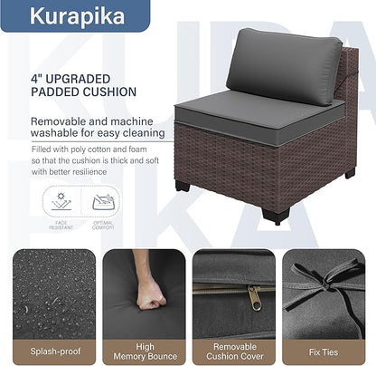 Kurapika 7 Pieces Patio Furniture Set, Rattan Wicker Outdoor Conversation Sets w/4 Inch Cushion and Glass Coffee Table(Grey)