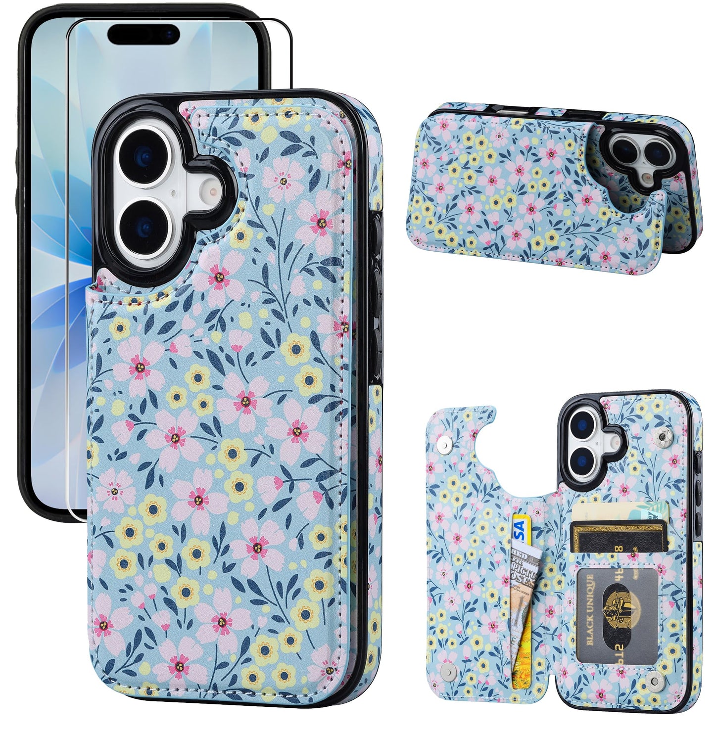 JOYAKI Compatible with iPhone 17 Wallet Case with Card Holder, Flip PU Leather Kickstand Case with Screen Protecor, Double Magnetic Clasp with Screen Protector Cover 6.3" -Sunny Day Bloom