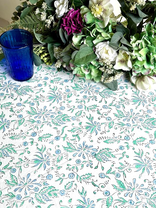 ATOSII Aster Blue 100% Cotton Round Tablecloth, Handblock Print Floral Table Cloth for Kitchen Dining Linen I Parties, Weddings, Outdoors, Easter, Spring Summer Decor I 60" Inches Round