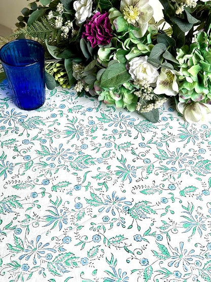 ATOSII Aster Blue 100% Cotton Round Tablecloth, Handblock Print Floral Table Cloth for Kitchen Dining Linen I Parties, Weddings, Outdoors, Easter, Spring Summer Decor I 60" Inches Round