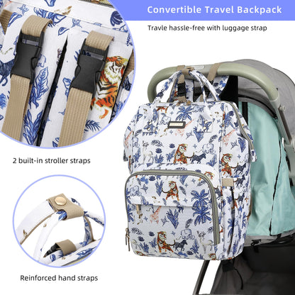 Diaper Bag Backpack, Diaper Bags for Baby Girls Boys, Baby Bags for Moms Dads, Nappy Changing Bag with Insulated Pockets,Multi-functional Waterproof Backpack with Stroller straps-Animal World White