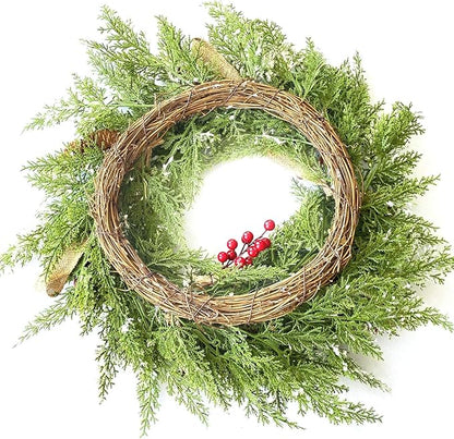 22” Artificial Christmas Door Wreath, Christmas Wreaths for Front Door, Winter Wreaths with Pine Cone, Red Berries, Burlap Ribbon & Snowflake, Holiday Outdoor Wreath Decorations