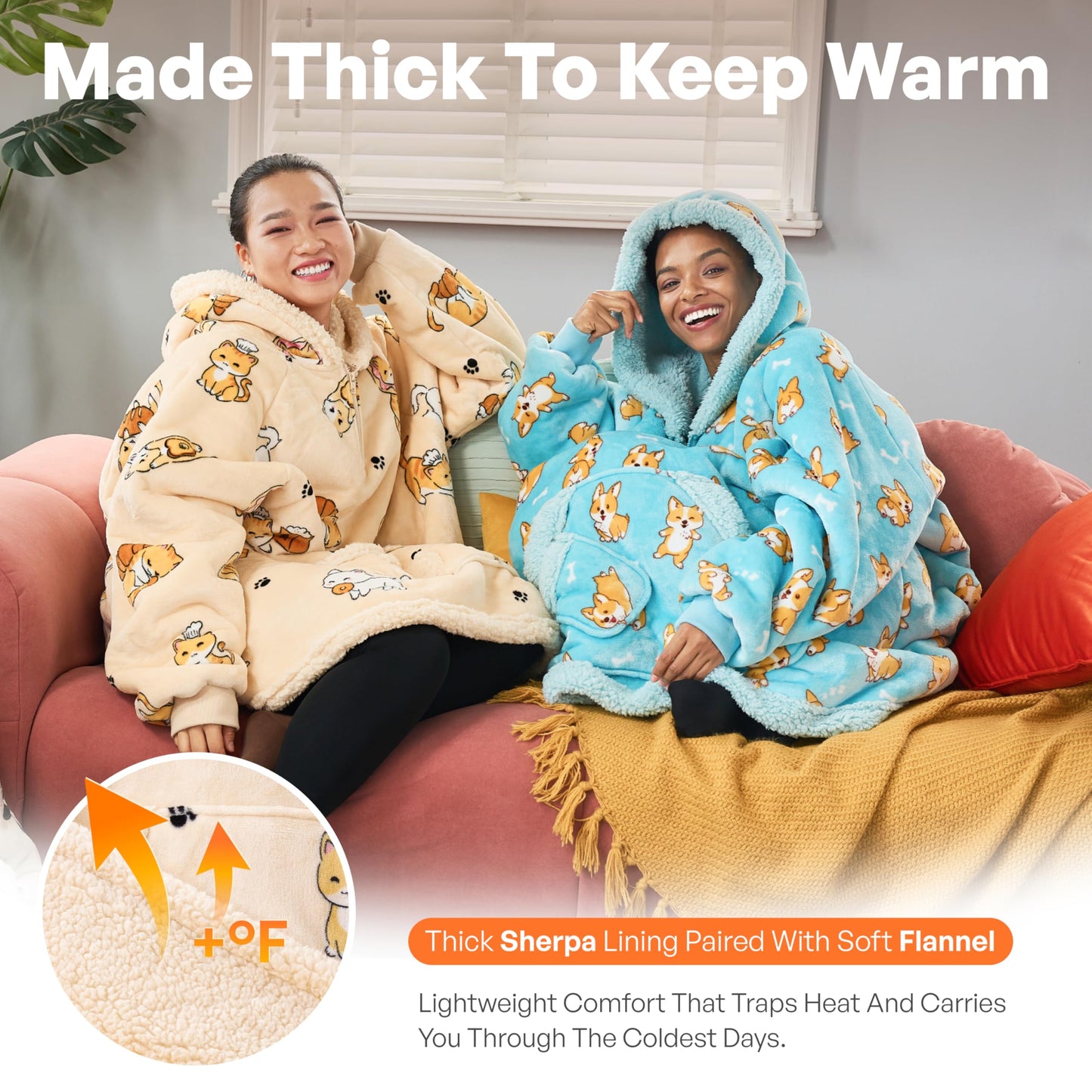 Giggling Getup Wearable Blanket Hoodie for Adults Gifts for Teen Girls Sister Women Sherpa Fleece Printed Hooded Blanket Sweatshirt Warm Cozy with Pocket & Sleeves Beige Cat