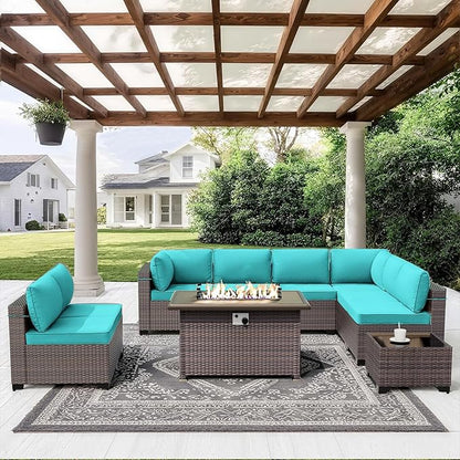 ALAULM 10 Pieces Outdoor Patio Furniture Set with Propane Fire Pit Table Outdoor Sectional Sofa Sets Patio Furniture 43" Gas Fire Pit Brown PE Rattan Patio Conversation Set w/8 Seat Cushions (Blue)