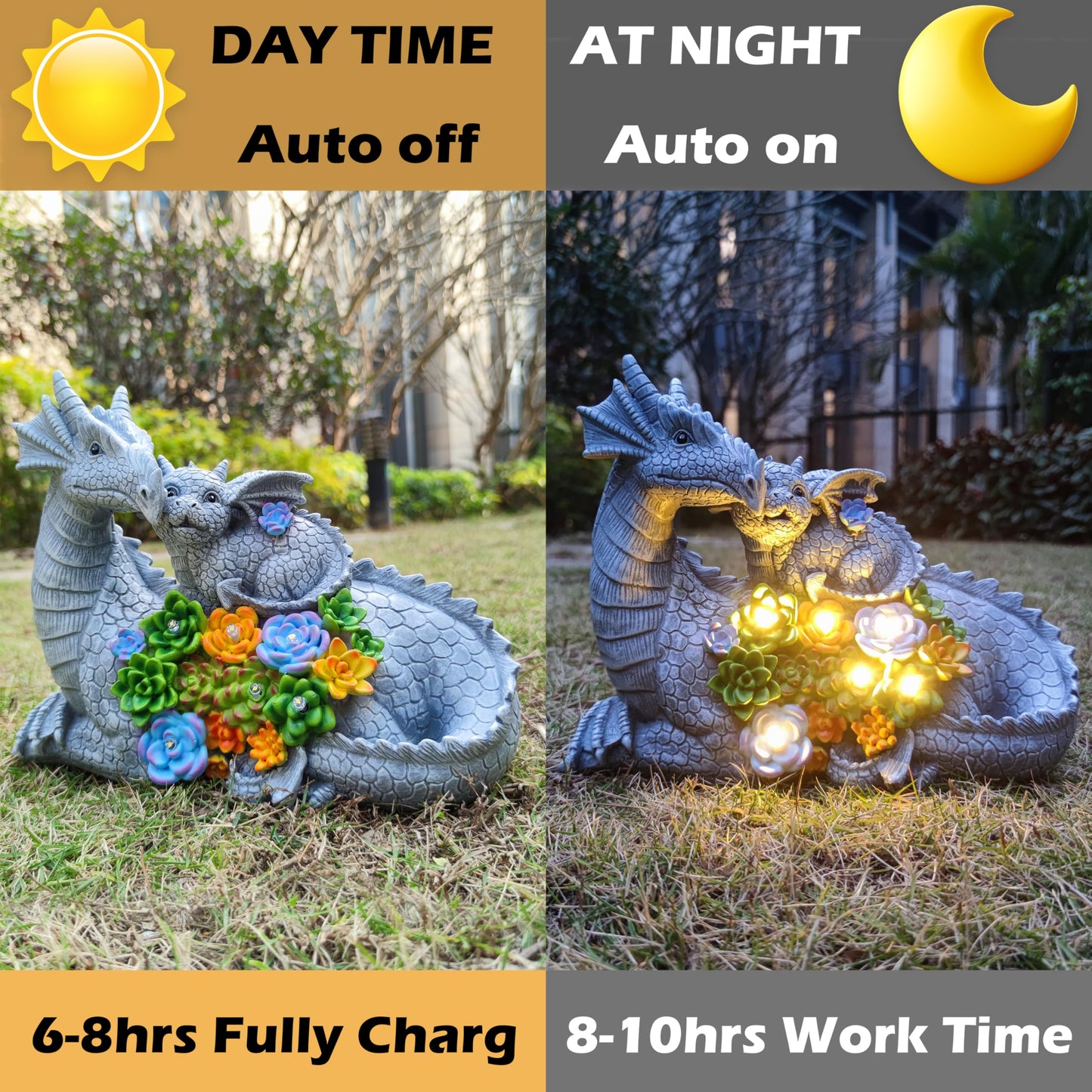 RCTTICUU Solar Dragon Garden Statues Outdoor Decor, Resin Dragon Figurine with Succulent and 6 LED Lights Lawn Patio Balcony Art Decoration,Housewarming Birthday Gifts for Grandma Mom Women
