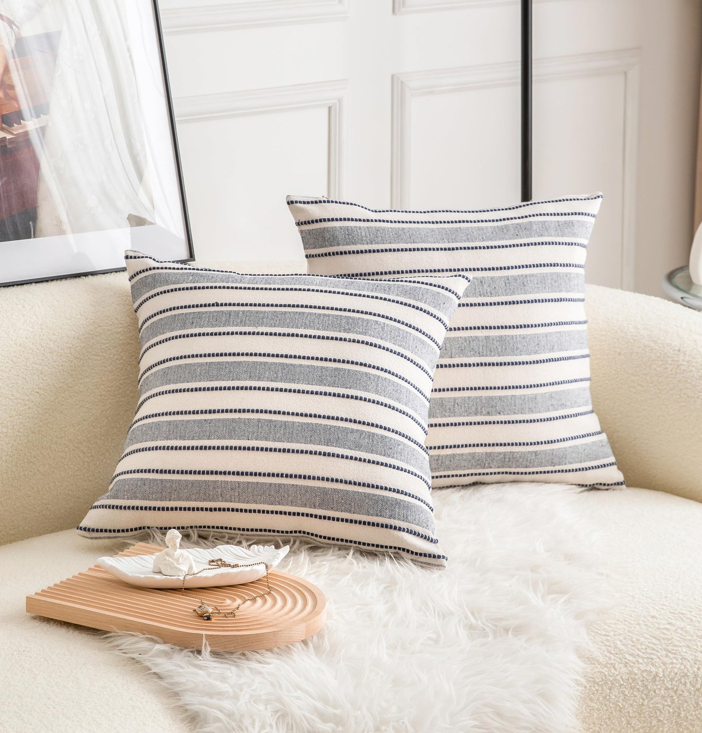 Cethom Decorative Boho Throw Pillow Covers, Farmhouse Textured Pillow Case, 20 x 20 Inch Set of 2, Chair Sofa Bedroom Living Room Decor Couch Cushion Case, Navy Blue and Beige Striped