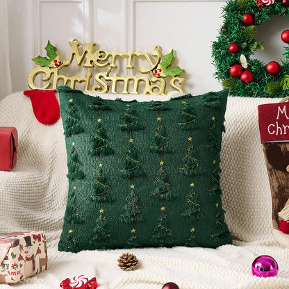 Emvency Christmas Throw Pillow Covers 18x18 Set of 2, Green Xmax Tree Golden Star Lights Decorative Pillow Cases Soft Plush Faux Fur Wool Couch Cushion Case for Couch Bed Sofa Living Room Home Decor