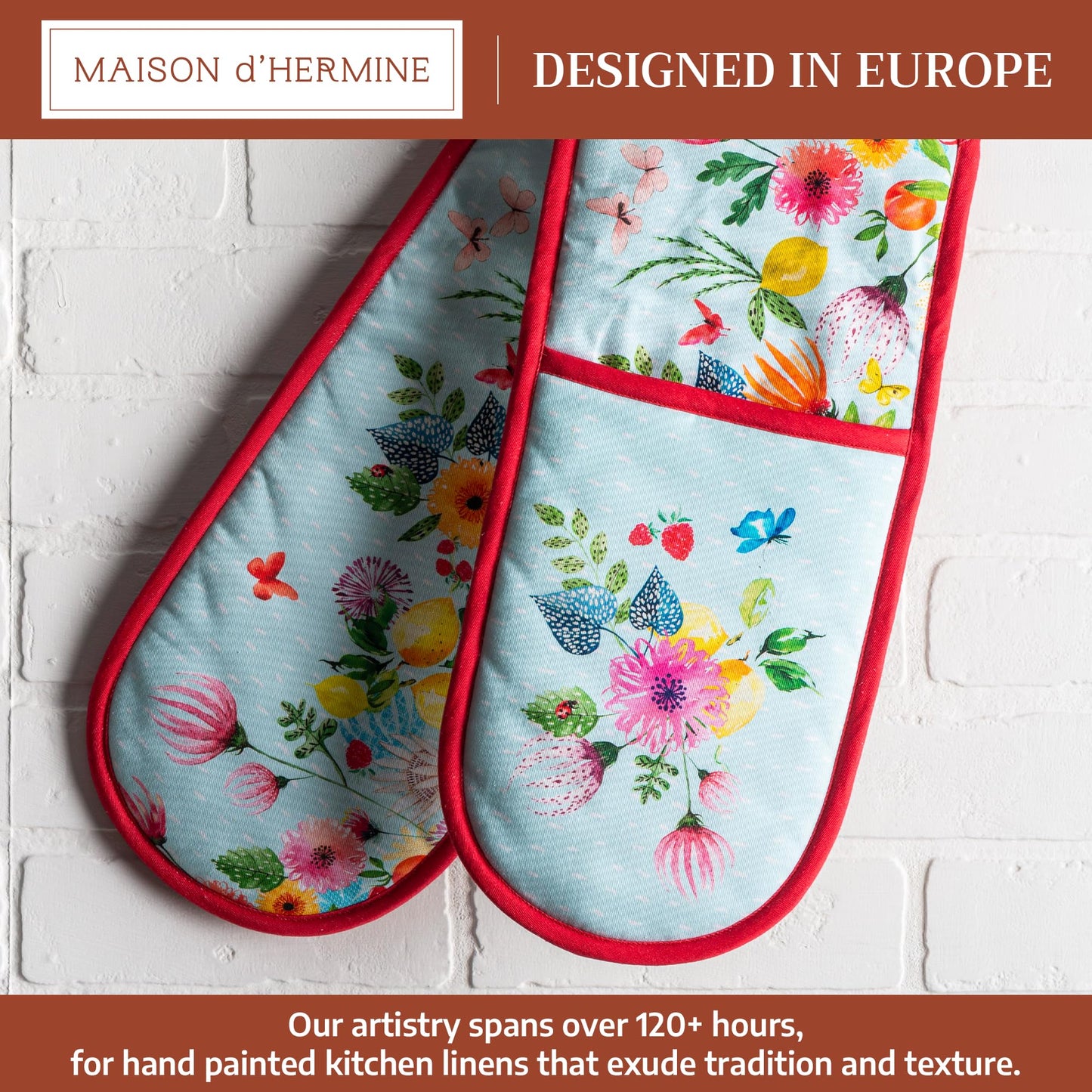 Maison d' Hermine Double Oven Mitts 100% Cotton 7"x35" Double Oven Mitt Heat Resistant BBQ Cooking Gloves with Loop Baking Grilling Kitchen Hotel Home Farmhouse Spring Summer (Jardin D'Ete - Mint)