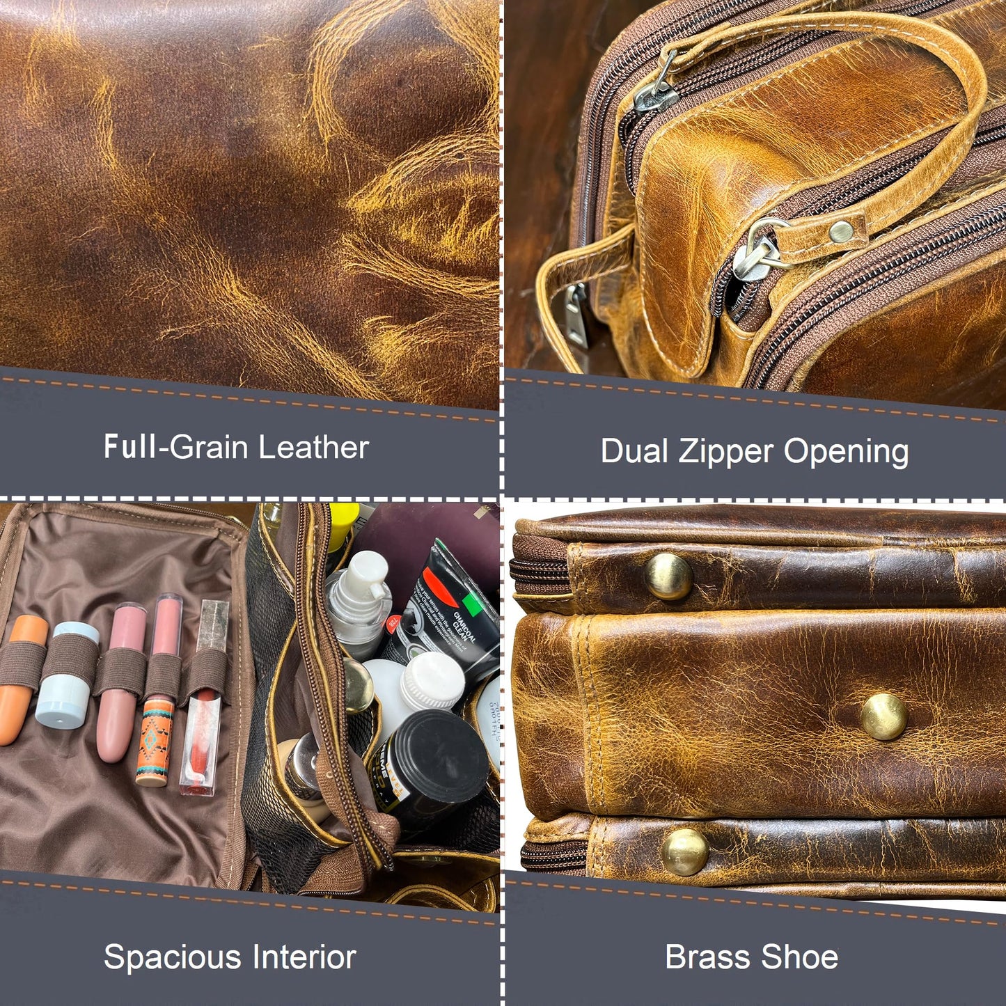 RUSTIC TOWN Leather Toiletry Bag - Men Shaving Ditty Kit - Women Cosmetic Bag Makeup Organizer for Travel Size Toiletries