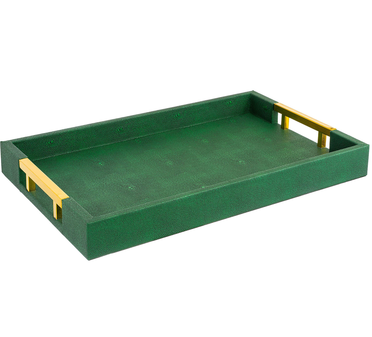 Modern Elegant 17.5"x12" Rectangle Emerald Green Shagreen Faux Leather Decorative Tray Ottoman Coffee Table Perfume Living Room Kitchen Serving Tray with Gold Polished Metal Handles for All Occasion's