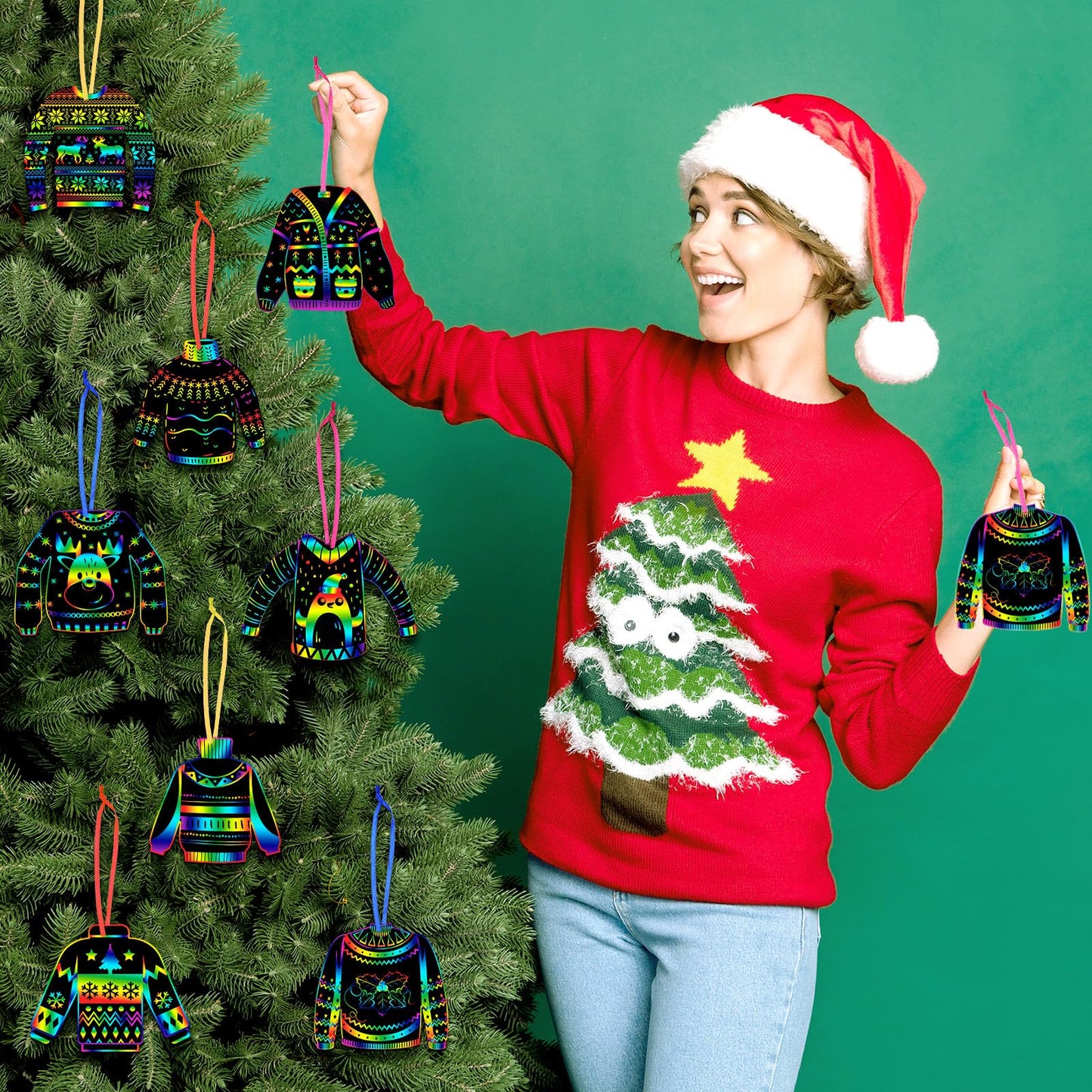 Hollowfly 80 Pcs Ugly Sweater Scratch Cards Christmas Party Favors Rainbow Christmas Tree Ornament Scratch Paper Xmas Crafts for Winter Xmas Home Classroom DIY Activities