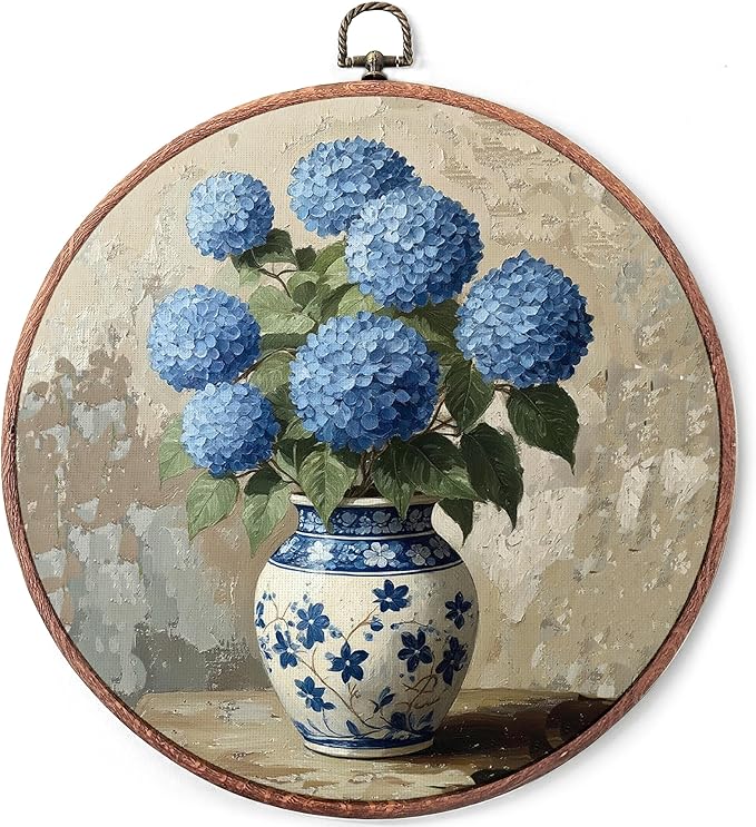 Threegoat Chinoiserie Spring Floral Framed Round Wall Art,Blue and White Hydrangea Flowers Wall Art Decor for Bedroom,Vintage Wall Hanging Decor for Grand Millenial Grandmillennial Home - A09
