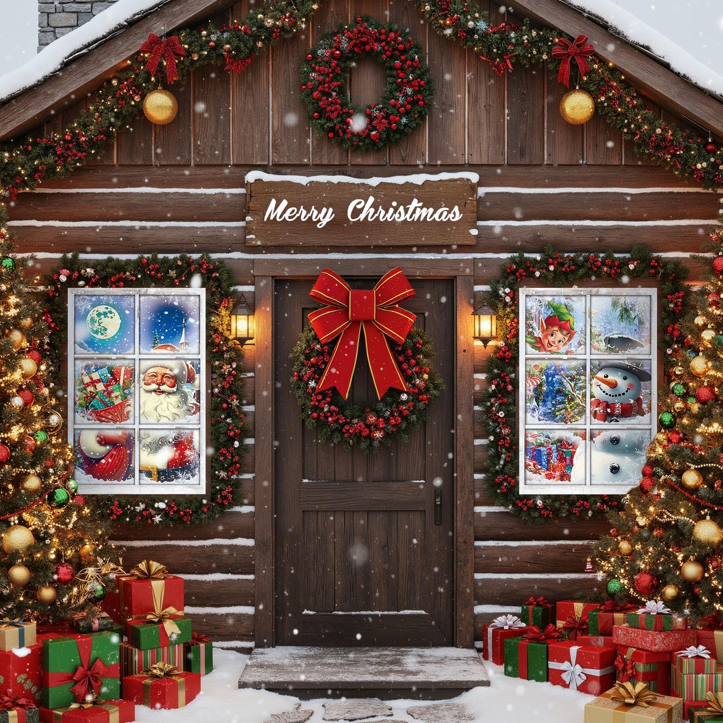Patelai 4 Pcs Merry Christmas Curtain Cute Christmas Window Silhouette Decoration Snowflake Window Door Cover Holiday Xmas Poster Screen for Indoor Outdoor Party Decor(Snowman)