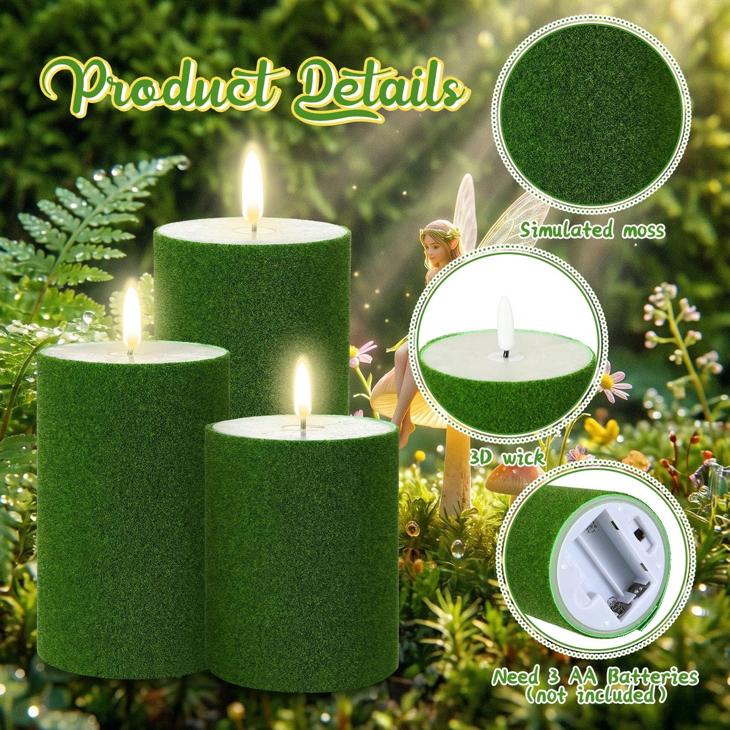 Glooglitter 3 Pcs Enchanted Fairy Forest Flameless Candles Battery Operated, Nutcracker Drum LED Candle with Remote Timer, Drum Flameless Candles for Natural Altars Fairy Scenes Wedding Decorations