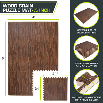 ProsourceFit Wood Grain Puzzle Mat ½-inch, 6 EVA Foam Interlocking Floor Tiles (24 SQ FT) for Secure Indoor Gym Flooring, Office Spaces, Living Rooms, and Play Areas, Dark Oak