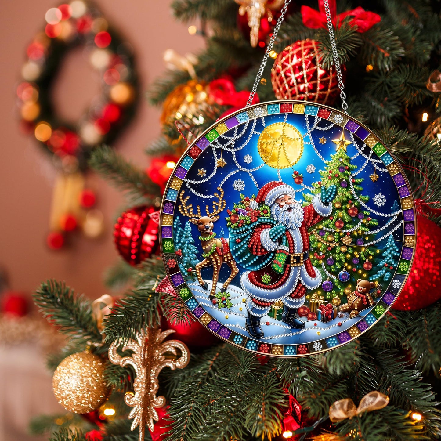 DIY Diamond Art Painting Wreath Kits，Special Shaped Rhinestone Hanging Ornament Diamond Art Window Pendants for Gift Home Garden Wall Hanging Kits,Double Sided (Santa Claus-1)
