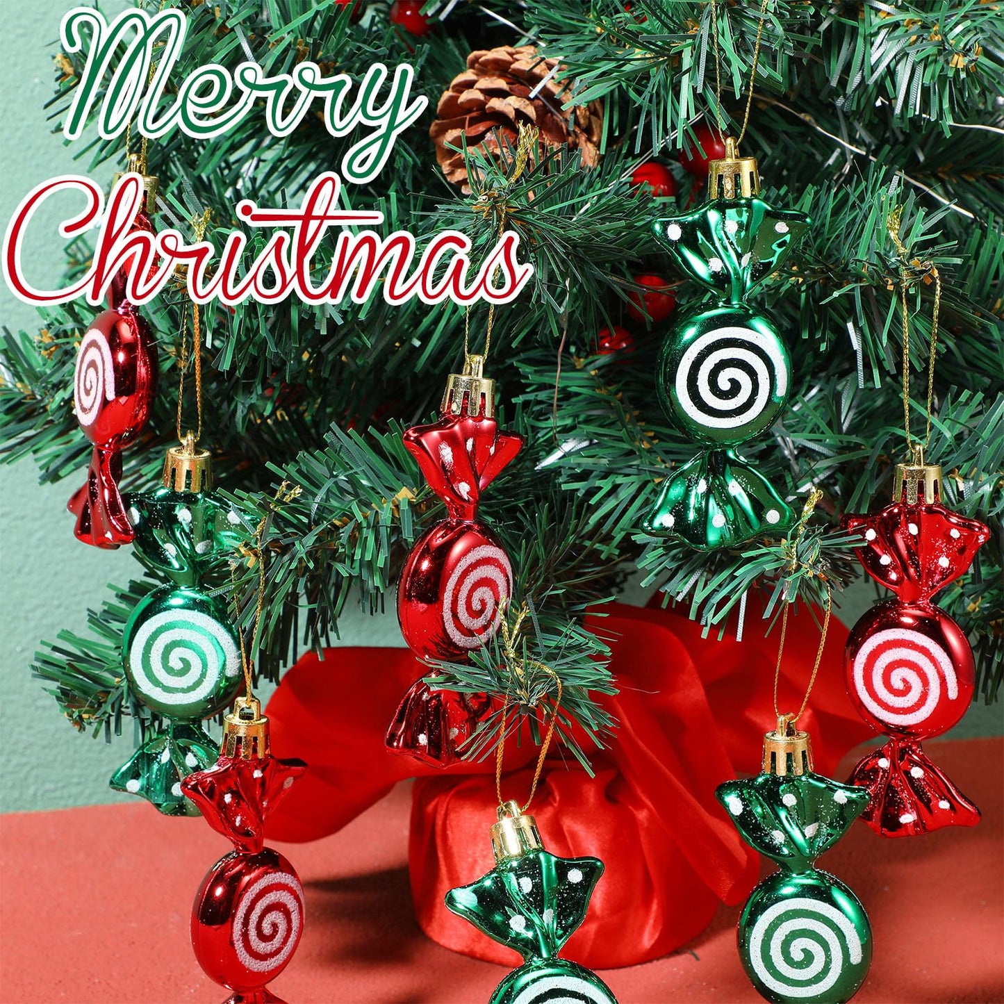 Threan 12 Pcs Christmas Candy Ornaments for Tree Decoration Hanging Glitter Candy Cane Christmas Peppermint Ornament with Golden Rope for Xmas Holiday Decoration(Red, Green,Plastic)