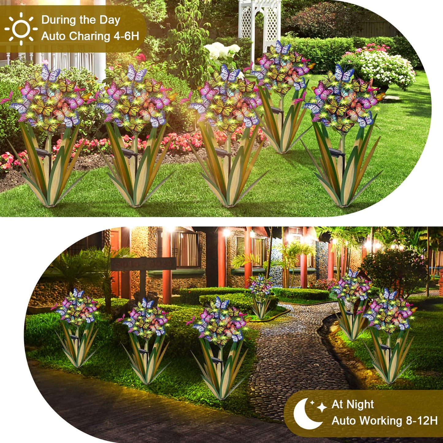 Homight Solar Metal Agave Butterfly Flower Stick Garden Sculpture Outdoor Gift Solar Garden Christmas Lights Swaying Butterfly Sunflower Garden Lights Solar Outdoor Statues (3 PCS Light Green)