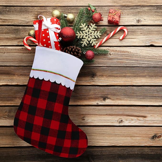URATOT 12 Pack 15 Inches Christmas Stockings Red and Black Plaid Pattern Felt Christmas Holiday Stockings Christmas Tree Hanging Ornaments Xmas Fireplace Decoration Set