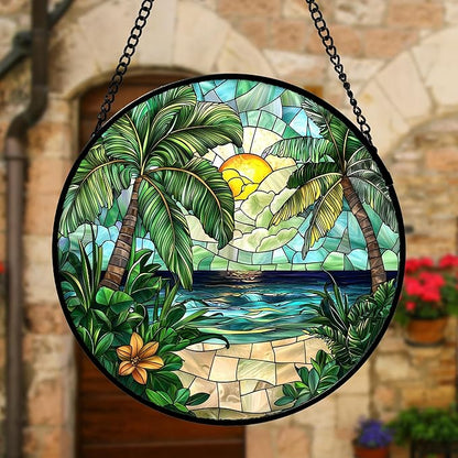 Stained Glass Window Hanging, Green Beach Scenery Suncatcher Diamond Glass Panel Hangings Sun Catchers Decor for Birthday for Women, Men, Wife, Aunt, and Mom 6.3 in