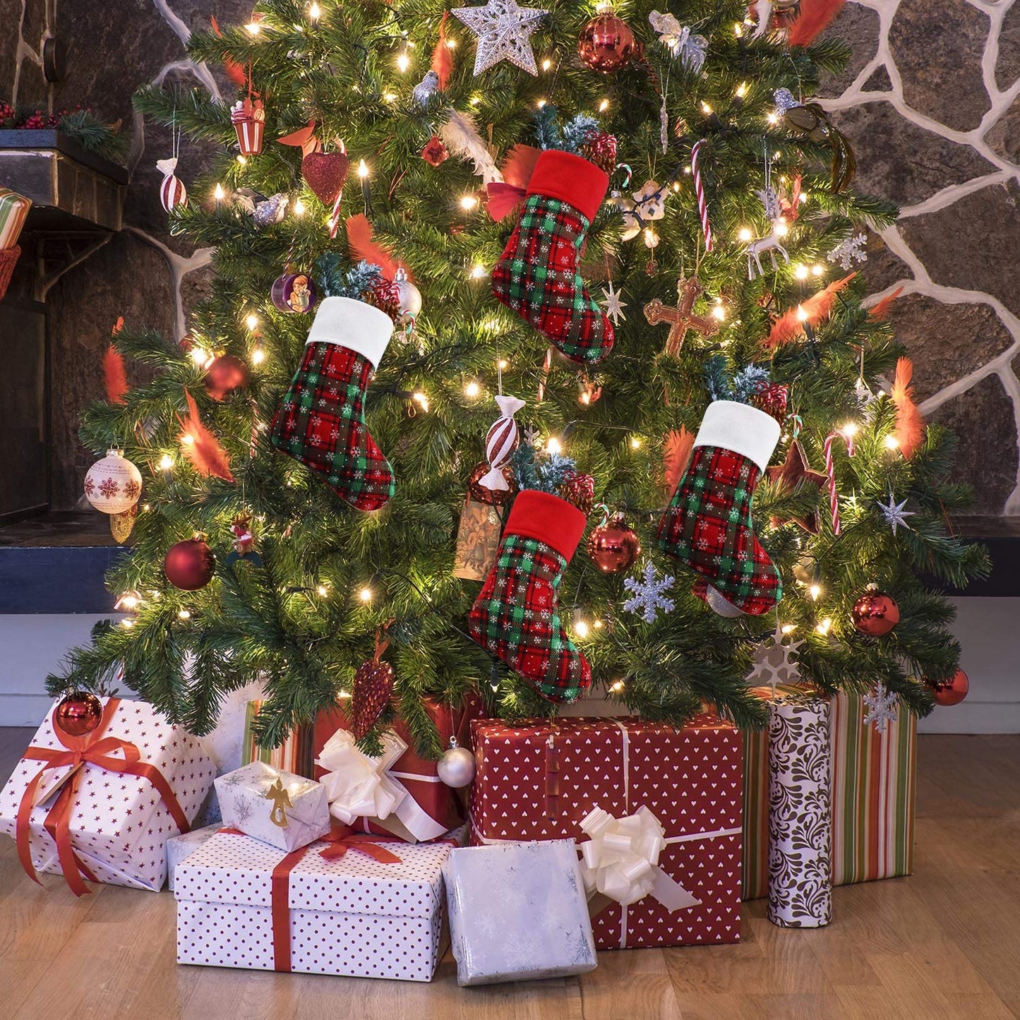 Syhood 24 Pcs 9 Inch Christmas Mini Stockings Plaid Snowflake Christmas Hanging Stocking for Xmas Party Decorations