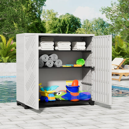 KINYING Outdoor Storage Cabinet Waterproof, 60 Gallon Resin Outdoor Storage Shed for Patio/Garden/Backyard, Outdoor Storage Box for Cushions,Garden Tools and Pool Supplies(White with 1 Shelving)