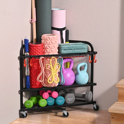 PLKOW Yoga Mat Storage Rack, Home Gym Organizer for Foam Roller, Resistance Bands, Block and Dumbbells, Rolling Workout Rack With Wheels and Hooks, Powder Coated Finish Steel