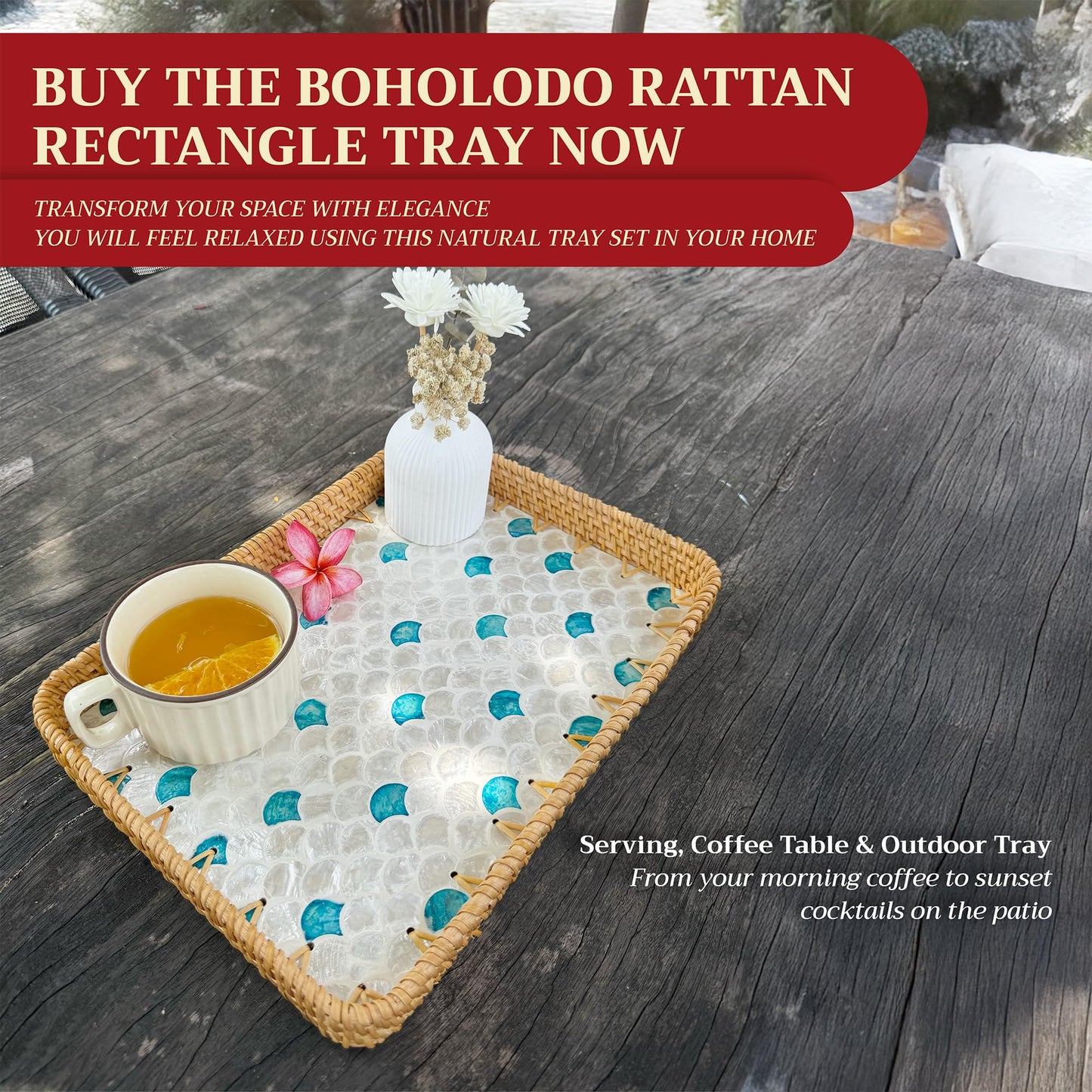 Rattan Tray Rectangle with Mother of Pearl – Unique Decorative Rattan Serving Tray for Food, Bread, Fruits, Snacks & Organizing Bathroom, Coffee Table – Christmas & Housewarming Gift (Fin 13.3"x9.4")