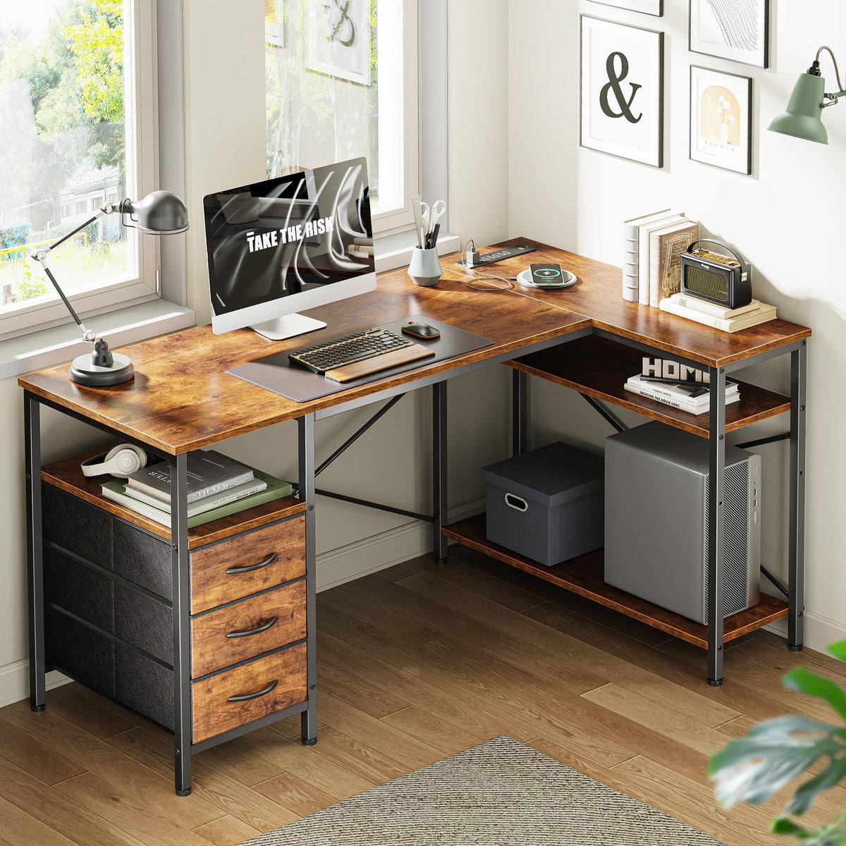 Huuger L Shaped Office Desk with Power Outlets, 47 Inch Computer Desk with 3 Drawers, Shelves, for Gaming, Corner Work, Home Office, Study, Rustic Brown