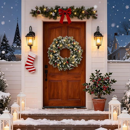 24 Inch Christmas Wreaths for Front Door with Lights,Lighted Artificial Flowering Pine Door Wreath,Prelit Faux Green Winter Wreath with Pine Cones and Red Berry for Indoor Outdoor Decor