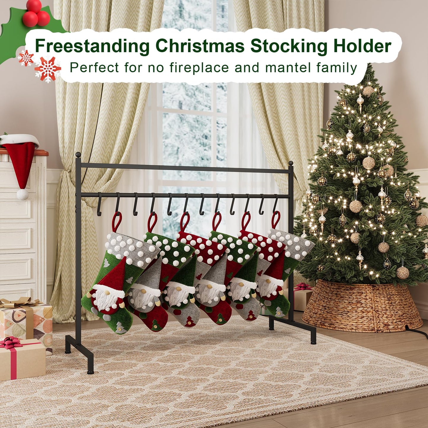 ELYKEN Christmas Stocking Holder Stand, Freestanding Stocking Rack with 12 Removable Hooks, Heavy Duty Metal Christmas Stocking Stand for Floor, Weighted Stocking Holder with Adjustable Feet, Black