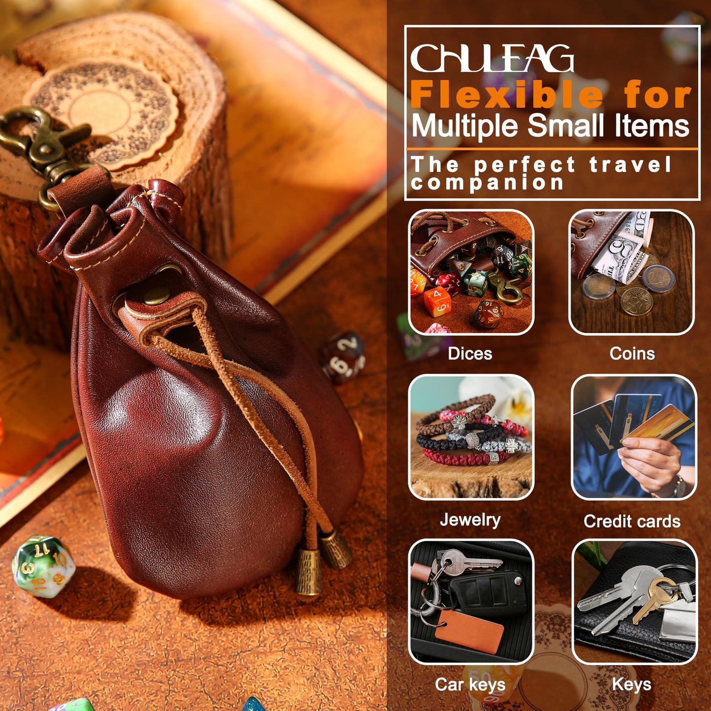 CHULEAG Vintage Medieval Drawstring Belt Pouch, FULL-GRAIN Leather, handmade, portable coin&dice purse with keychain. (small)