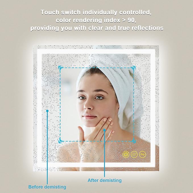 Wall-Mounted LED Square Bathroom Mirror, Makeup Mirror (36 inches x 36 inches,) 3 Color Stepless Dimmable Memory Bathroom Vanity Mirror with Lights CRI90 Smart Mirror with Touch