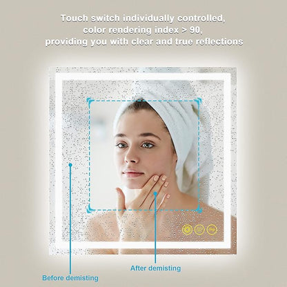 Wall-Mounted LED Square Bathroom Mirror, Makeup Mirror (36 inches x 36 inches,) 3 Color Stepless Dimmable Memory Bathroom Vanity Mirror with Lights CRI90 Smart Mirror with Touch
