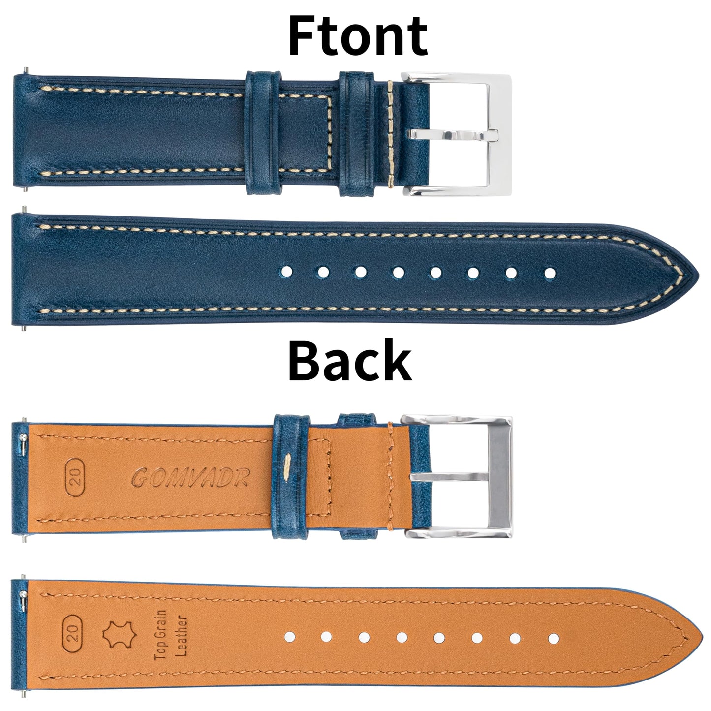Gomvadr Vintage Genuine Top Grain Leather Watch Strap Quick Release, 18/19/20/21/22/24mm, Silver/Black Buckle, Universal Fit Unisex for Daily Wear (Blue with Silver Buckle, 21mm)