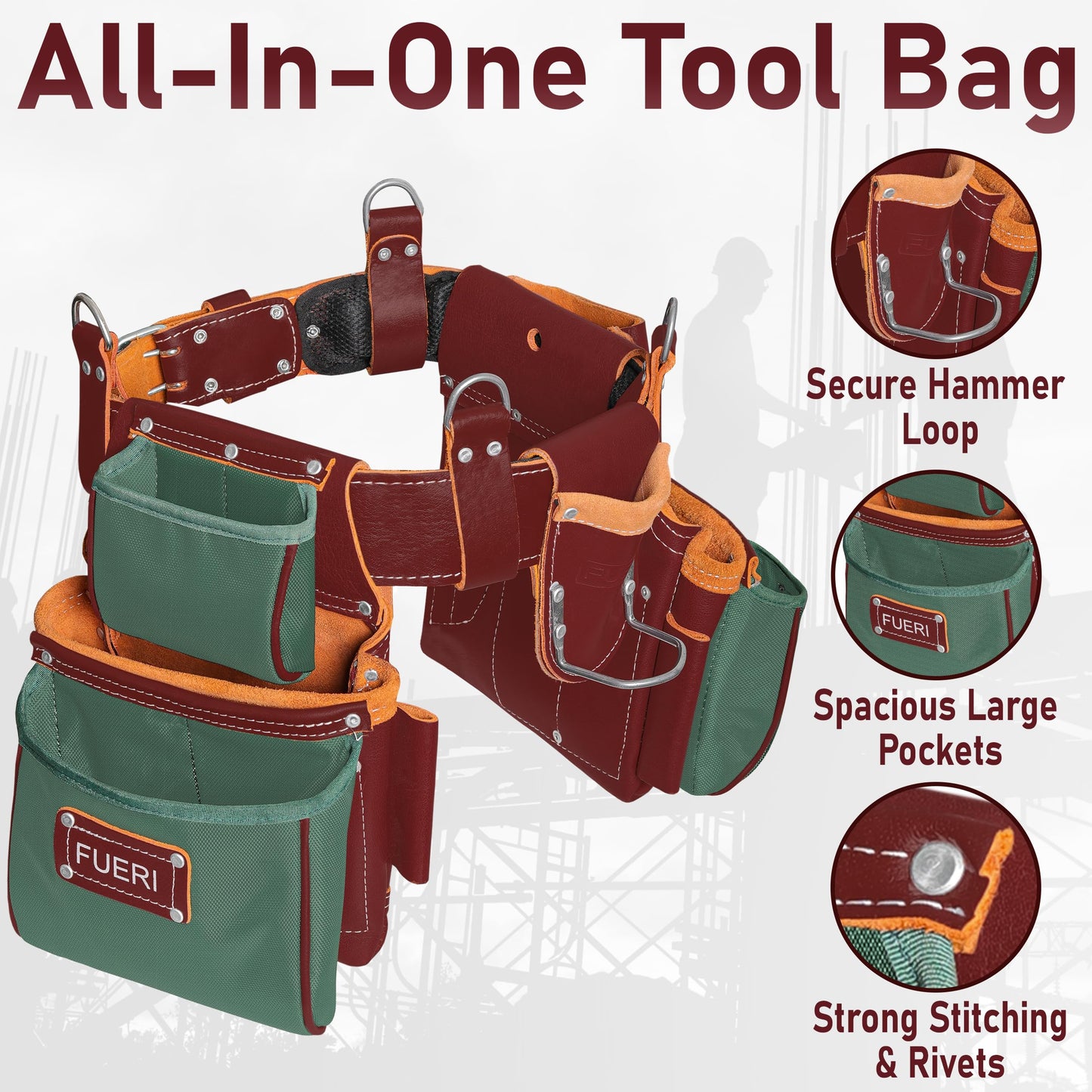 FUERI Electrician's Heavy Duty Tool Belt for Men, Made of Thick Leather and Durable Nylon, Comes with Adjustable Padded Tool Belt, Storage Capacity Tool Pouches, Hammer Holder, And Suspender Loops.