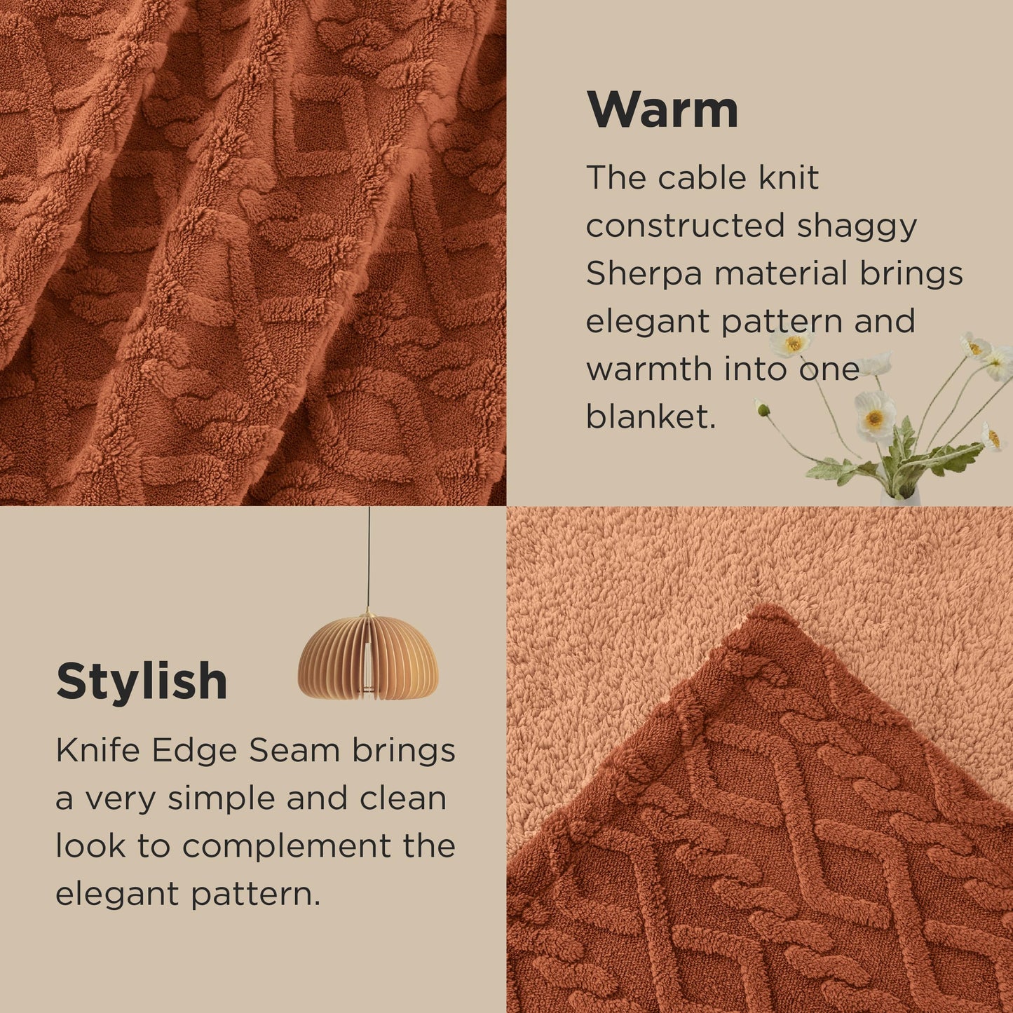 Bedsure Gentlesoft Sherpa Fleece Blanket Twin Size for Bed - Fluffy & Cozy Cable Jacquard Tufted for Women Gift, Thick and Warm Christmas Blanket for Winter, Orange, 60x80 Inches