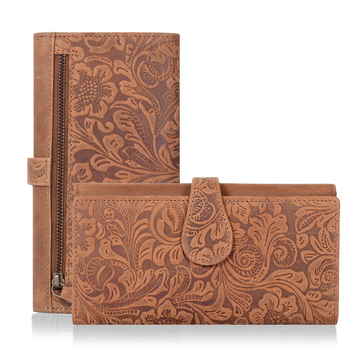 Oak Leathers Leather Wallets | Tan | Flower Patterns | Chic Design | Gifts For Women | RFID Protection | Multiple Slots
