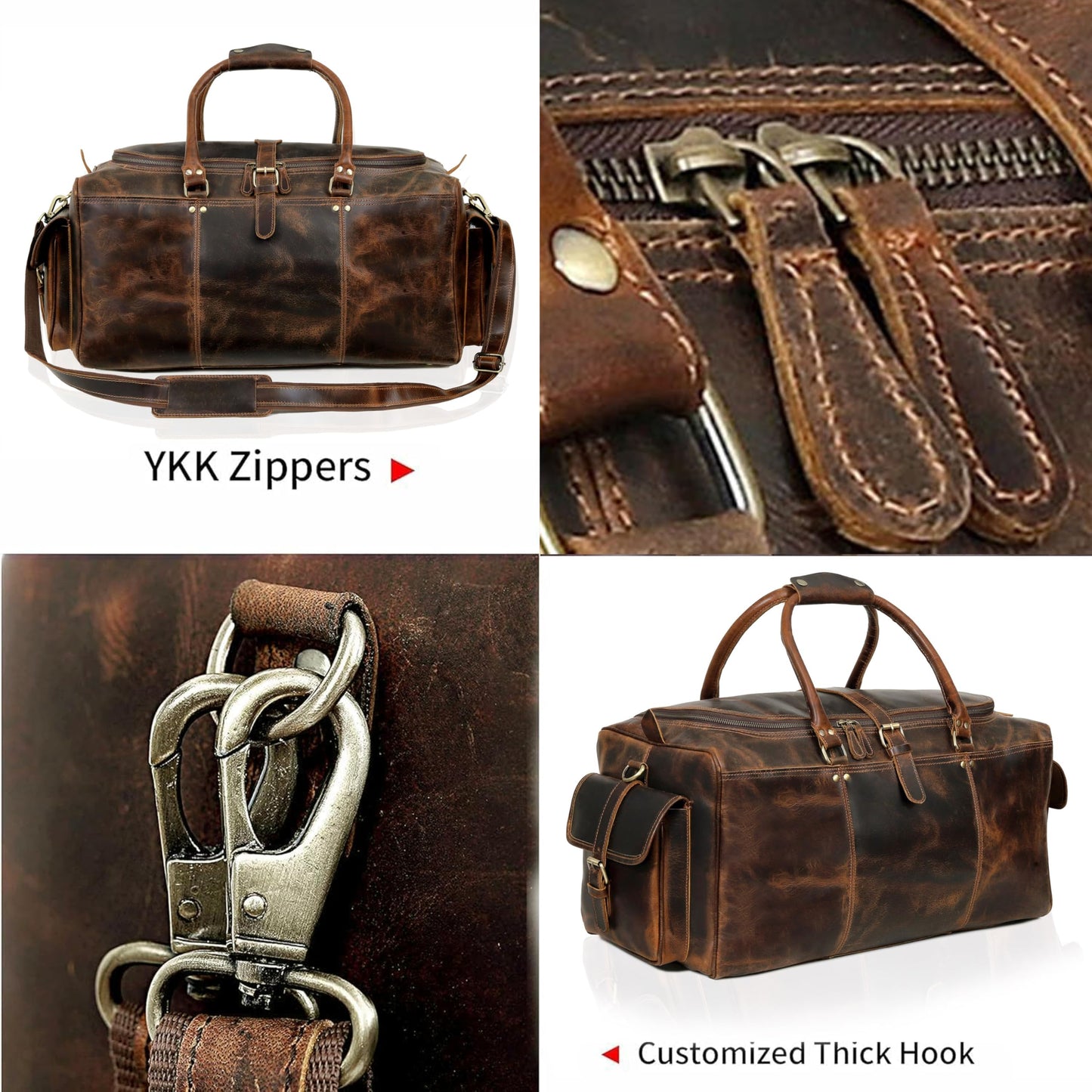 Cuero Full Grain Leather Duffle Bag for Men, Buffalo Overnight Weekend Travel Bag, Carry On with Organized Pockets, YKK Zippers, Adjustable Strap (Choclate Brown)