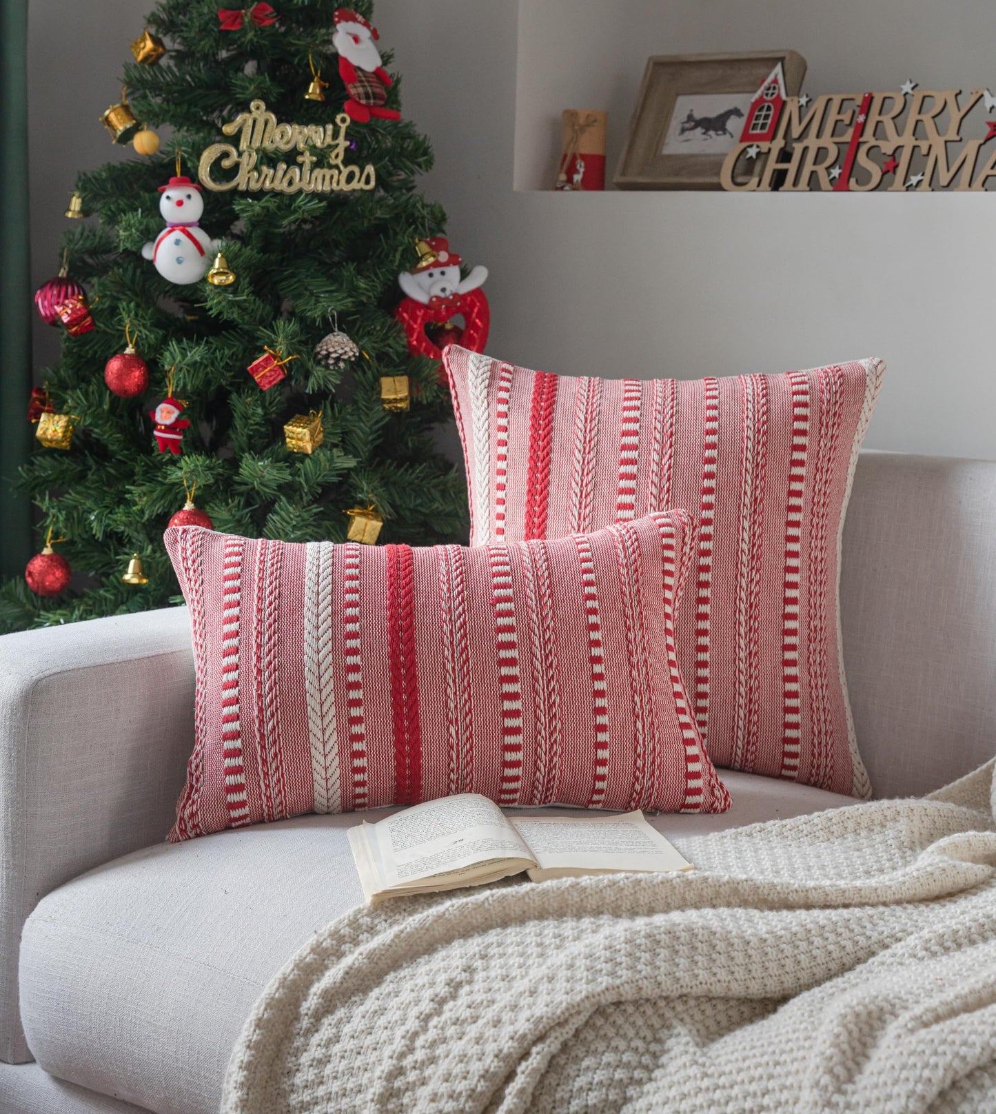 Cethom Christmas Pillow Covers 18x18 Inch Set of 2, Farmhouse Boho Christmas Decoration Couch Pillow Cases, Red Accent Pillows of Bed, Sofa Bedroom Living Room Home Decor Cushion Cover