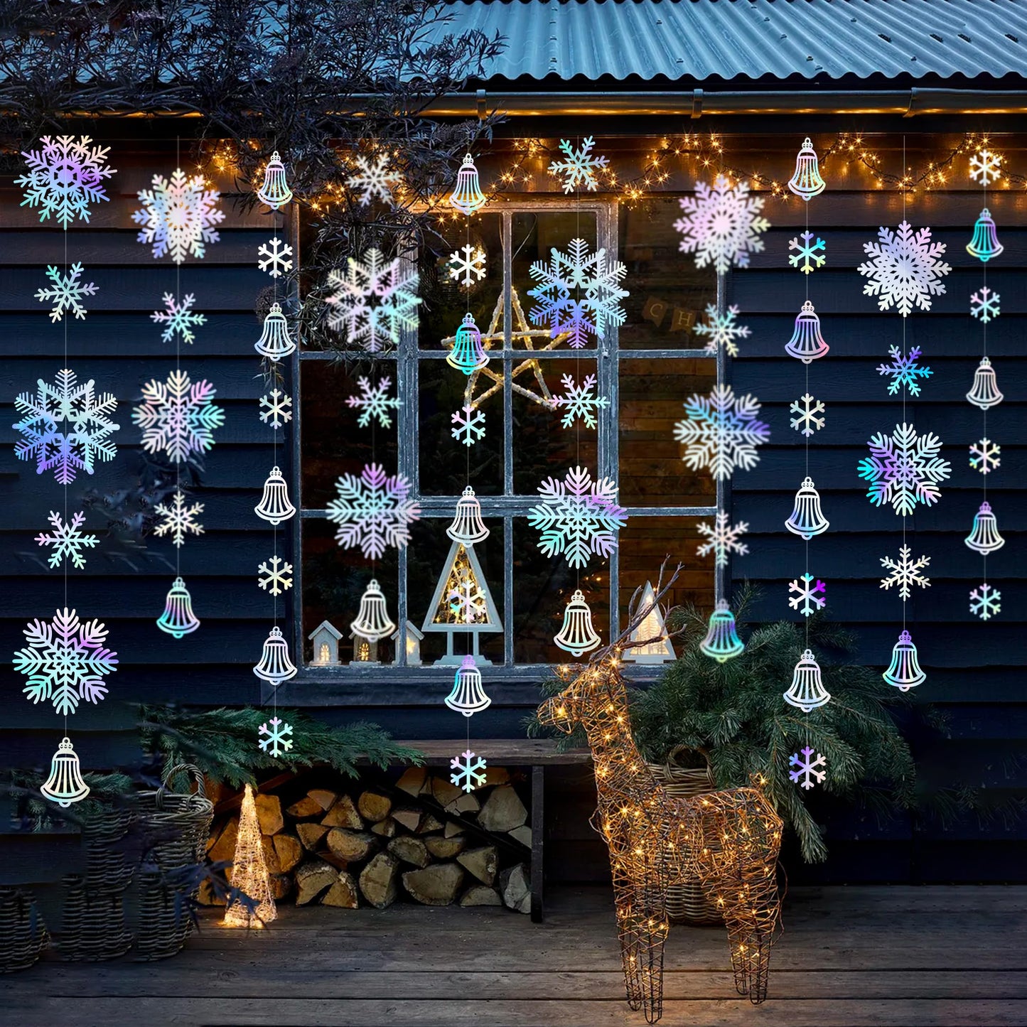 40 Ft Snowflakes Party Decorations Iridescent Snowflakes Bell Garland Holographic Big Snowflakes Hanging Streamer Backdrop for Winter Wonderland Christmas Holiday Birthday Home Window Wall Room Decor