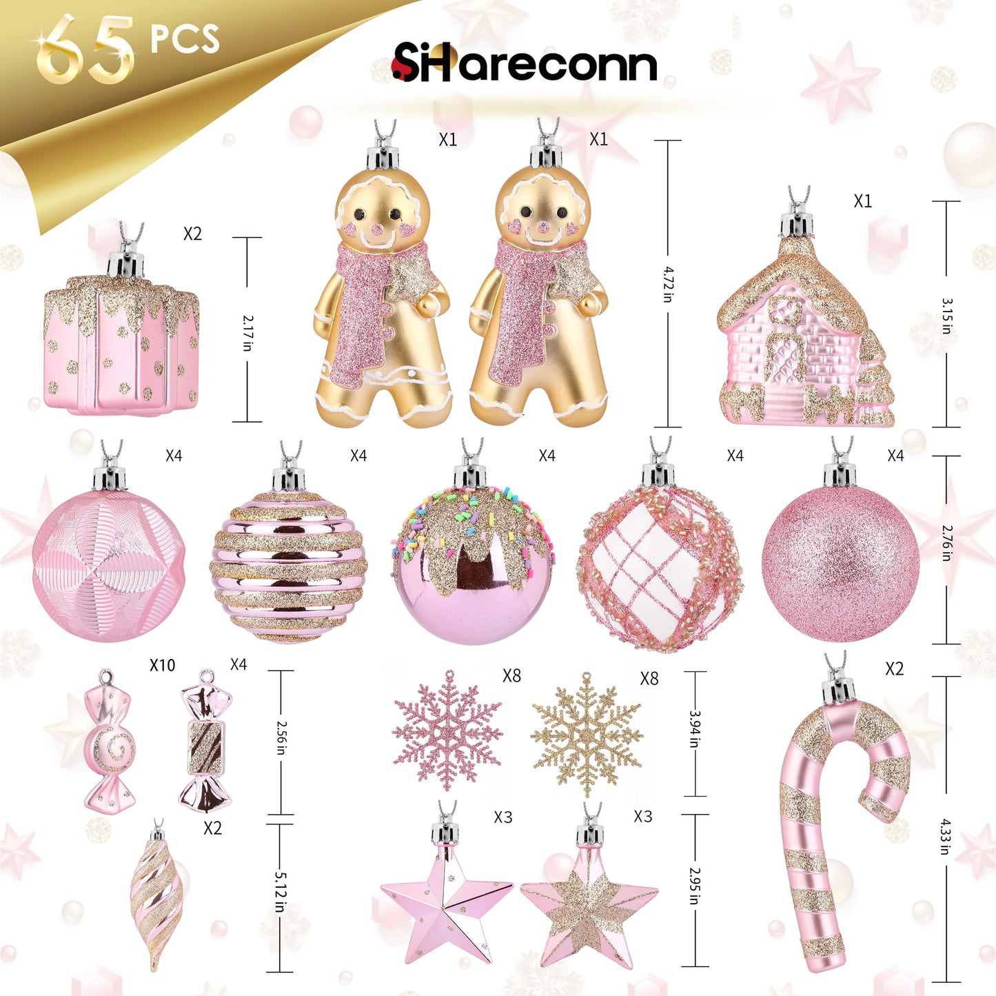 SHareconn 65pcs Christmas Tree Ornaments Set, Shatterproof Christmas Gingerbread Man Balls Bulk Gift Boxes, Hanging Plastic Decorative Baubles for Xmas Trees Decorations, Holiday Party, Pink Gold