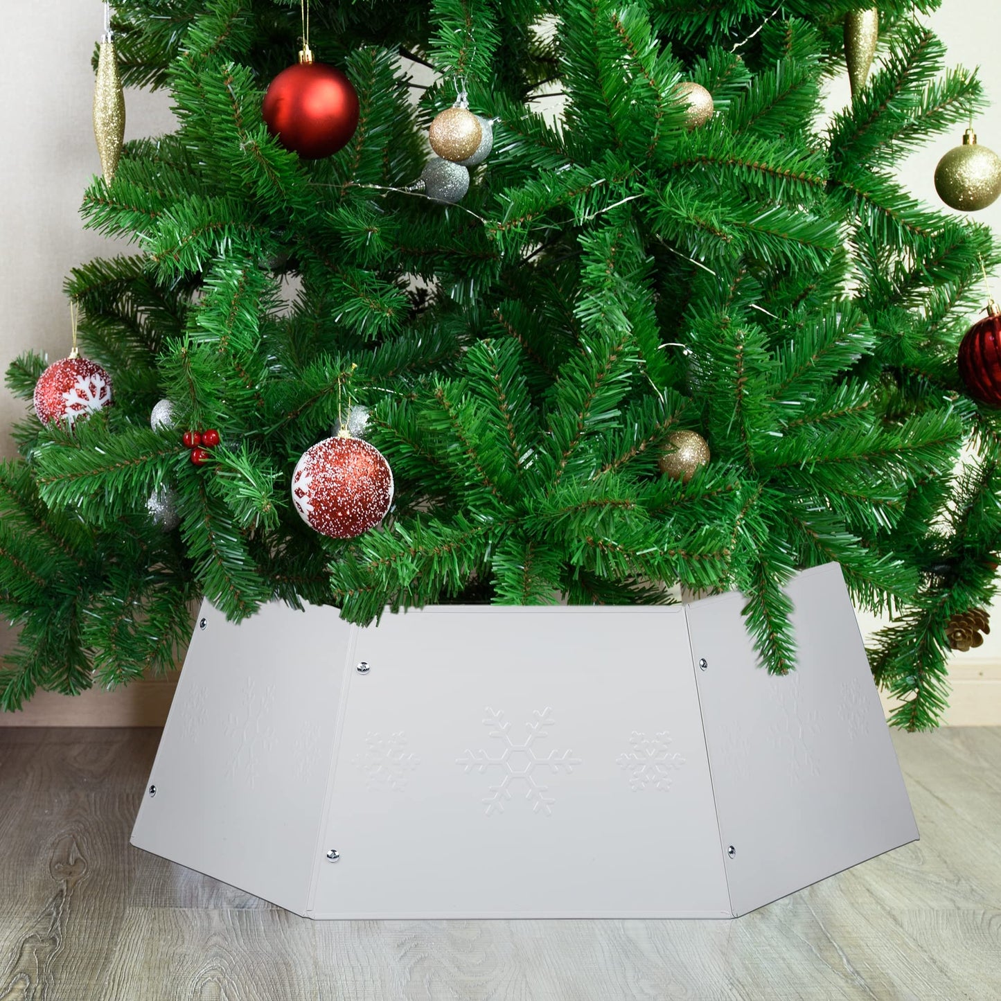 FORUP Metal Christmas Tree Ring, Christmas Tree Collar with Printed Snowflake, Christmas Tree Skirt Base Stand for Christmas Decorations (Cream White)