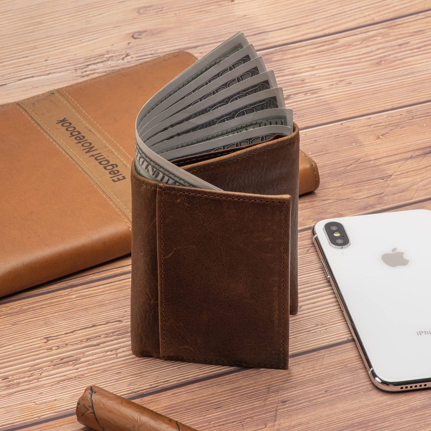 Mens Leather Wallet，Mens Trifold Wallet Rfid Blocking Genuine Leather Wallet For Men（ brown)