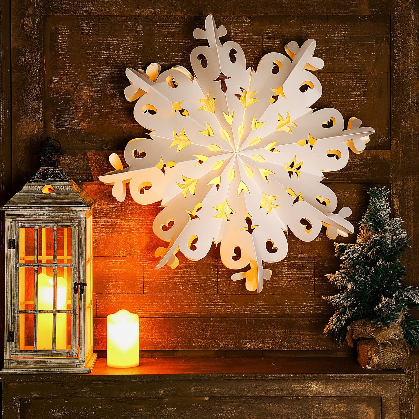 23.6 Inch Christmas Star Snowflake Paper Lantern with Light Timer Paper Lamp Party Supplies Hanging Decoration for Weddings Christmas Trees Birthday Holiday Party Celebration (Adorable Style)