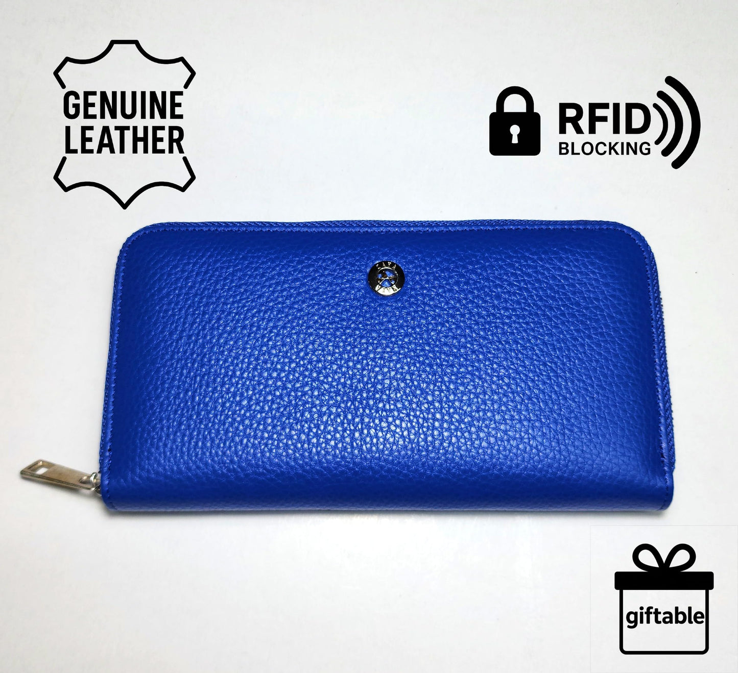 Ayaz Deri Genuine Leather Large Zipper Wallet -16 Card Slots, 2 Cash Compartments, Coin Pocket -Fits Phone -RFID Blocking (Blue)