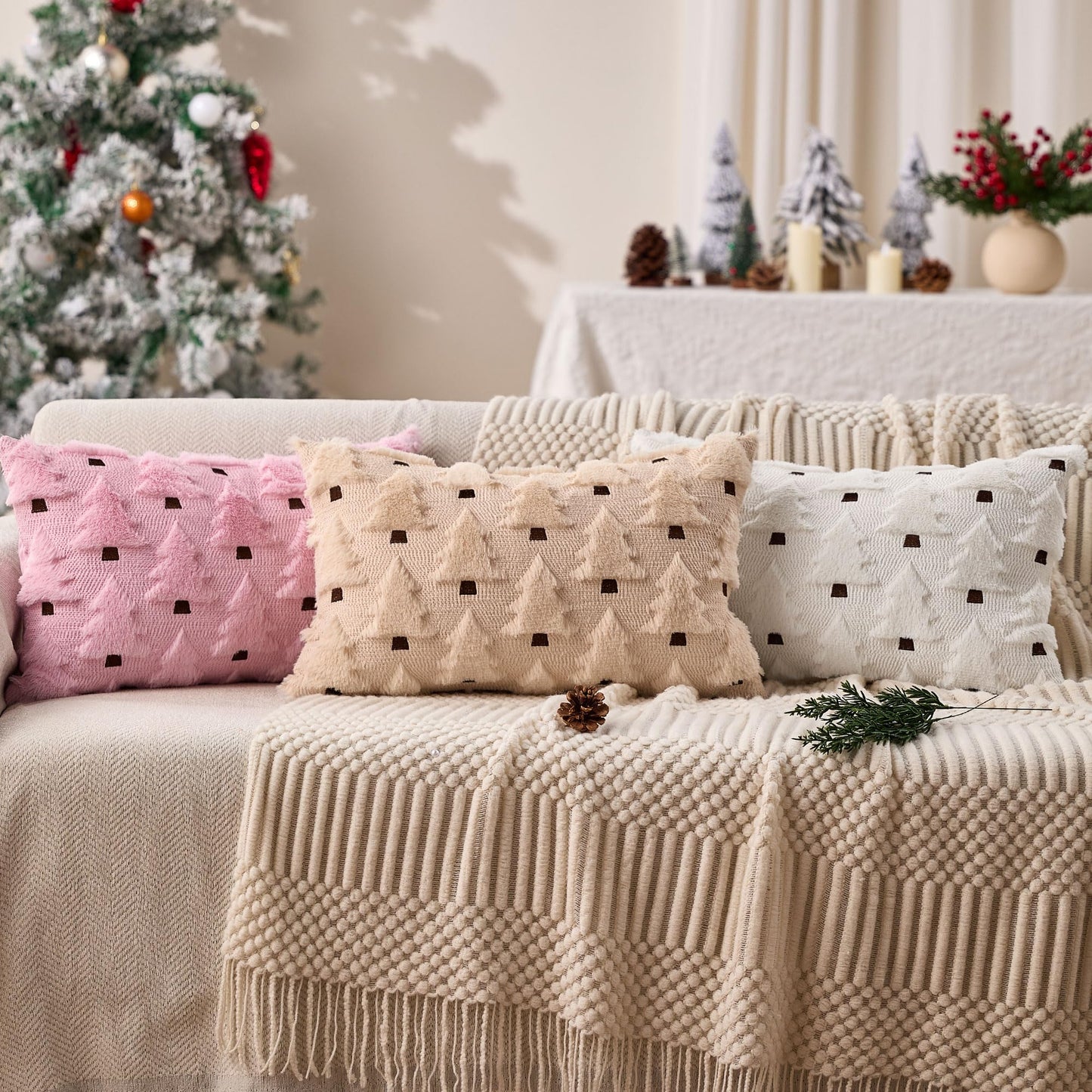 Allorry Christmas Lumbar Pillow Cover12x20 Christmas Decorations Soft Plush Faux Fur Wool Cream White Xmas Tree Throw Pillow Covers Winter Xmas Home Bedroom Sofa Decor PT-018D12